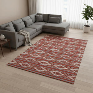 HomeRoots 9' X 12' Red And Ivory Geometric Area Rug - Washable, UV-Protected, Durable for High-Traffic Homes! 680818