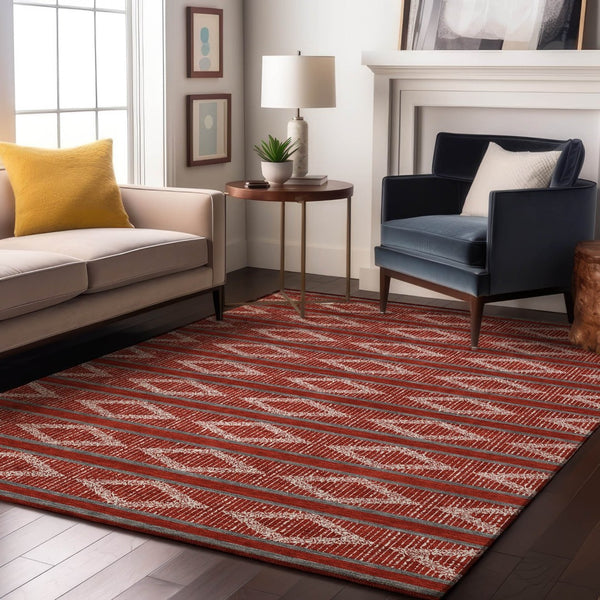 HomeRoots 9' X 12' Red And Ivory Geometric Area Rug - Washable, UV-Protected, Durable for High-Traffic Homes! 680818
