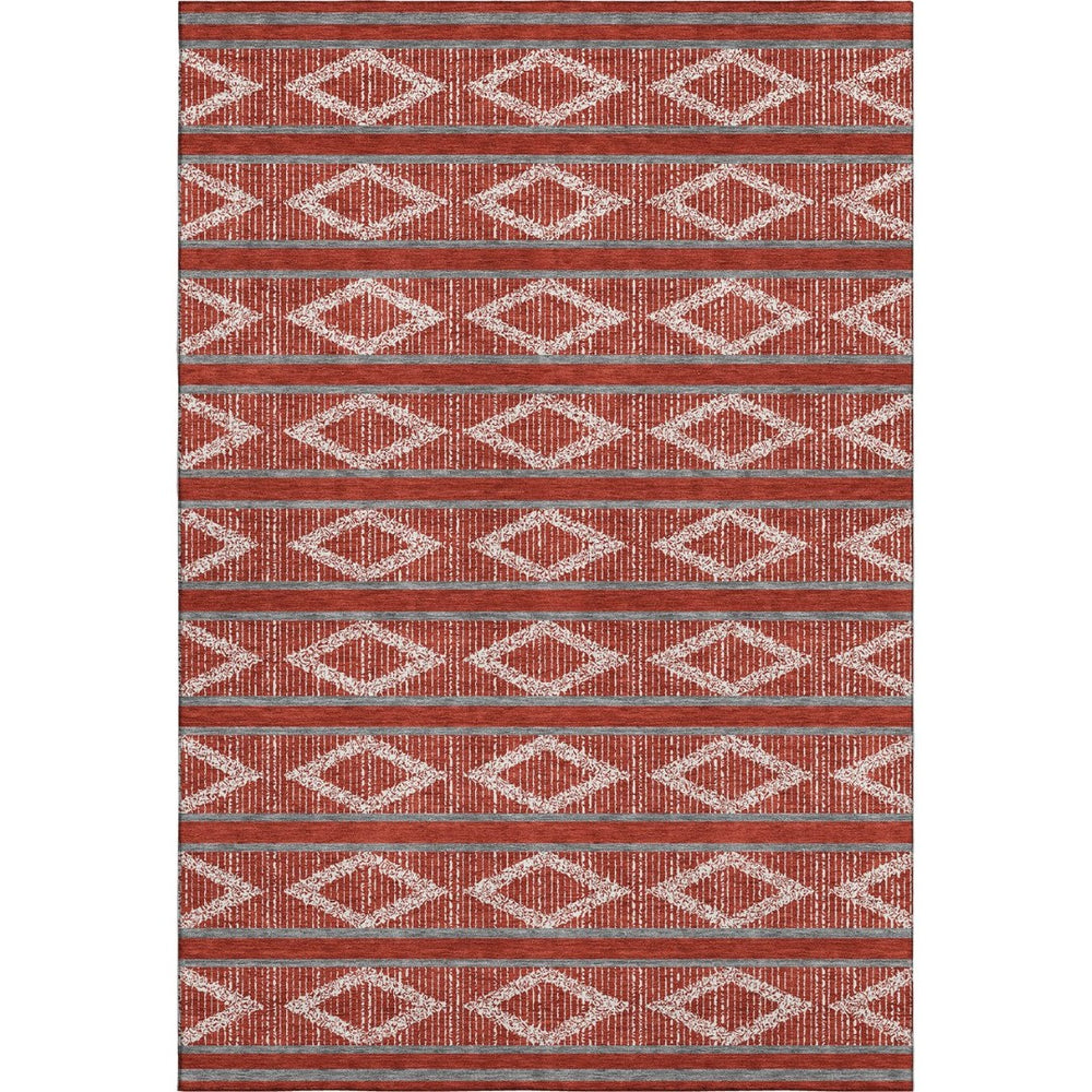 HomeRoots 9' X 12' Red And Ivory Geometric Area Rug - Washable, UV-Protected, Durable for High-Traffic Homes! 680818