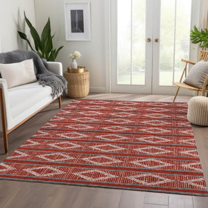 HomeRoots 9' X 12' Red And Ivory Geometric Area Rug - Washable, UV-Protected, Durable for High-Traffic Homes! 680818