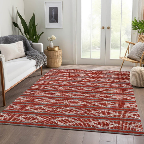 HomeRoots 9' X 12' Red And Ivory Geometric Area Rug - Washable, UV-Protected, Durable for High-Traffic Homes! 680818