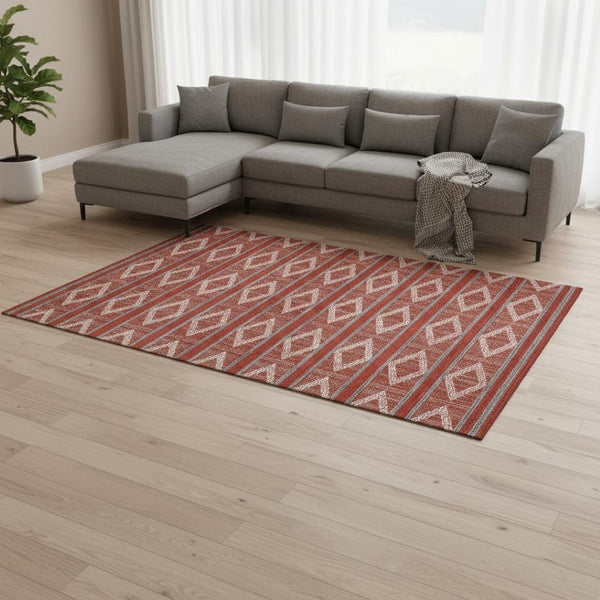 HomeRoots 10' X 14' Washable Red & Ivory Geometric Area Rug with UV Protection for Stylish Home Decor 680819