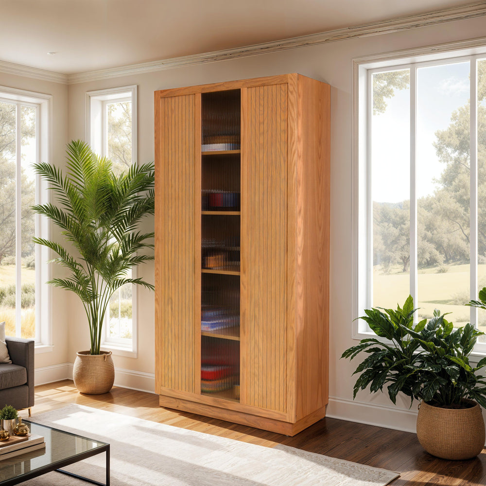 Hekman Furniture 680820 Nora Light Oak Sliding Door Cabinet With Reeded Glass & Adjustable Shelves For Stylish Storage Light Oak Nora Storage Cabinet 680820