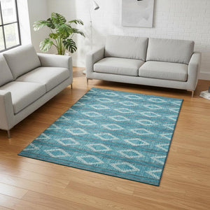 HomeRoots 5' X 8' Teal and Ivory Geometric Area Rug – Stylish, Washable, UV-Protected, Perfect for Busy Homes! 680821