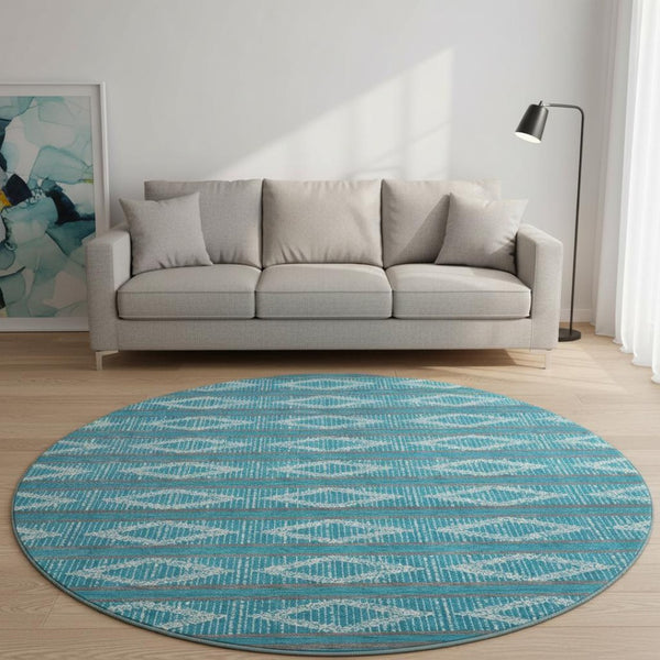 HomeRoots 8' Teal and Ivory Geometric Round Rug - Stylish, Washable, UV-Protected for High-Traffic Areas 680822