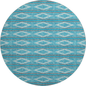HomeRoots 8' Teal and Ivory Geometric Round Rug - Stylish, Washable, UV-Protected for High-Traffic Areas 680822