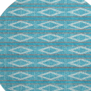 HomeRoots 8' Teal and Ivory Geometric Round Rug - Stylish, Washable, UV-Protected for High-Traffic Areas 680822