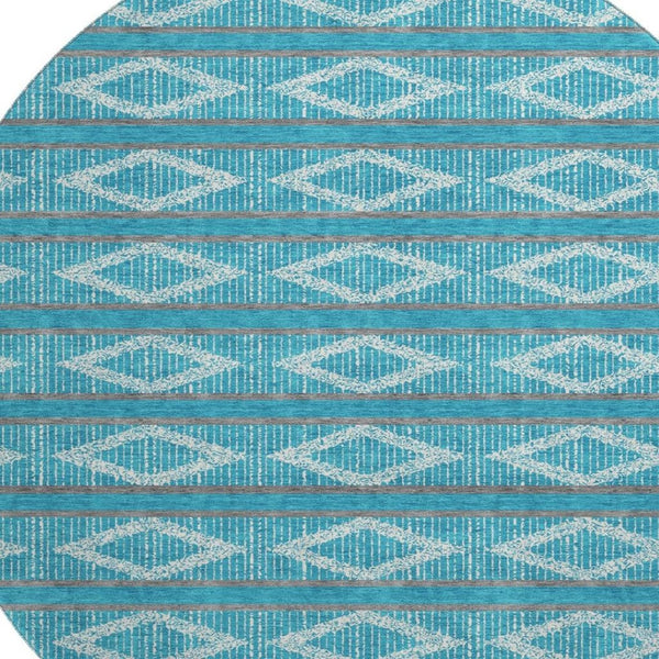 HomeRoots 8' Teal and Ivory Geometric Round Rug - Stylish, Washable, UV-Protected for High-Traffic Areas 680822