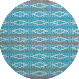 HomeRoots 8' Teal and Ivory Geometric Round Rug - Stylish, Washable, UV-Protected for High-Traffic Areas 680822