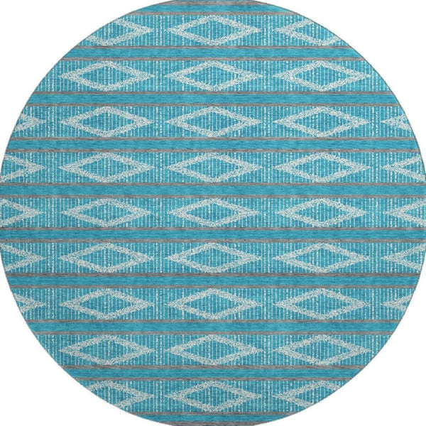HomeRoots 8' Teal and Ivory Geometric Round Rug - Stylish, Washable, UV-Protected for High-Traffic Areas 680822