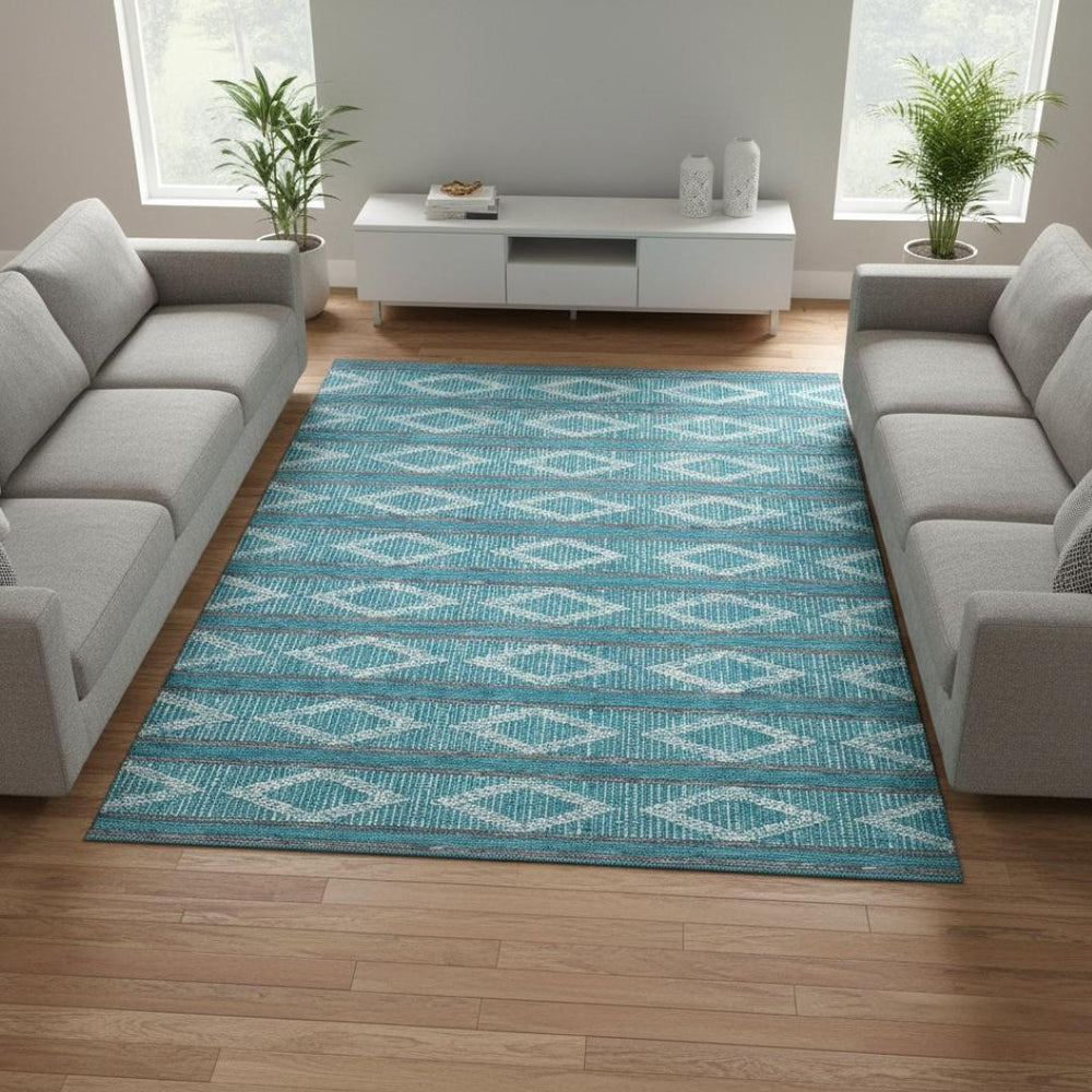 HomeRoots 8' Teal and Ivory Geometric Washable Area Rug - Stylish, Stain-Resistant, UV-Protected, Durable Design 680823