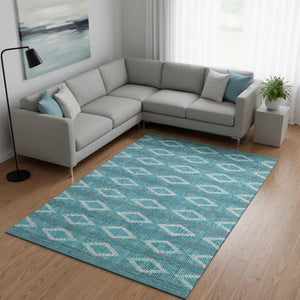 HomeRoots 9' X 12' Teal and Ivory Geometric Area Rug: Stain-Resistant, UV Protected, Perfect for Home Decor 680824