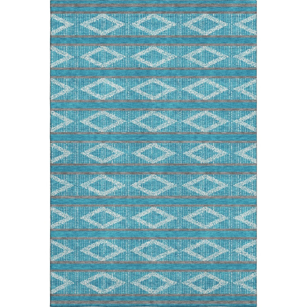HomeRoots 9' X 12' Teal and Ivory Geometric Area Rug: Stain-Resistant, UV Protected, Perfect for Home Decor 680824