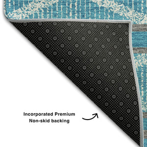 HomeRoots 9' X 12' Teal and Ivory Geometric Area Rug: Stain-Resistant, UV Protected, Perfect for Home Decor 680824