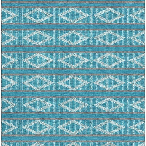 HomeRoots 9' X 12' Teal and Ivory Geometric Area Rug: Stain-Resistant, UV Protected, Perfect for Home Decor 680824