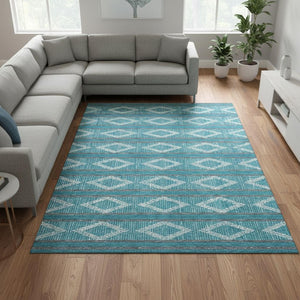 HomeRoots 10' X 14' Teal And Ivory Geometric Area Rug - Washable, UV Protected, Perfect for Modern Spaces! 680825