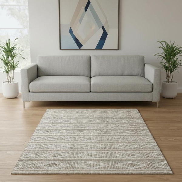 HomeRoots 5' X 8' Geometric Taupe and Beige Area Rug – Washable, UV Protected, Stain Resistant, Durable Design 680827