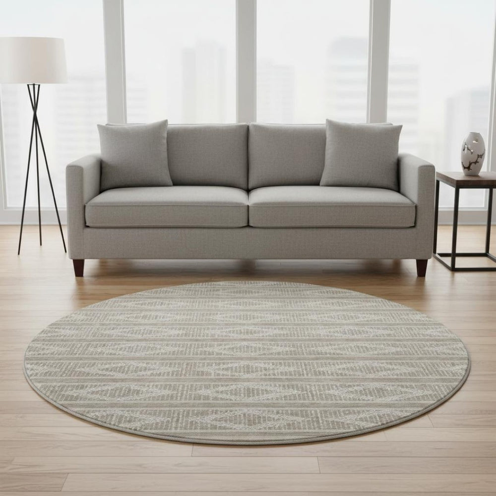 HomeRoots 8' Stylish Washable Round Rug in Taupe & Beige - Durable, UV-Protected with Modern Geometric Design! 680828