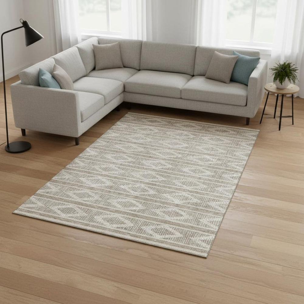 HomeRoots 8' X 10' Modern Taupe & Beige Geometric Washable Area Rug with UV Protection for High-Traffic Spaces 680829