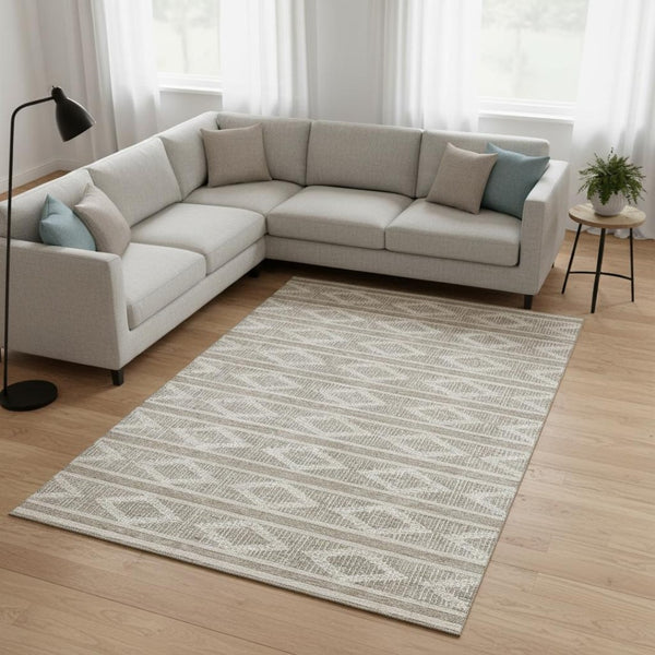 HomeRoots 9' X 12' Taupe & Beige Geometric Area Rug - Washable, UV-Protected, Ideal for High-Traffic Spaces 680830