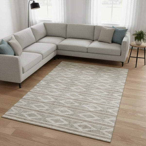HomeRoots 10' Taupe and Beige Geometric Washable Area Rug - Durable, UV-Protected, Perfect for Modern Spaces 680831