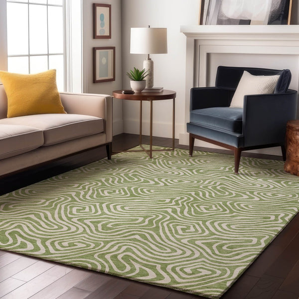 HomeRoots 5' Artichoke Green & Ivory Abstract Area Rug - Washable, UV Protected, Perfect for High-Traffic Rooms 680833
