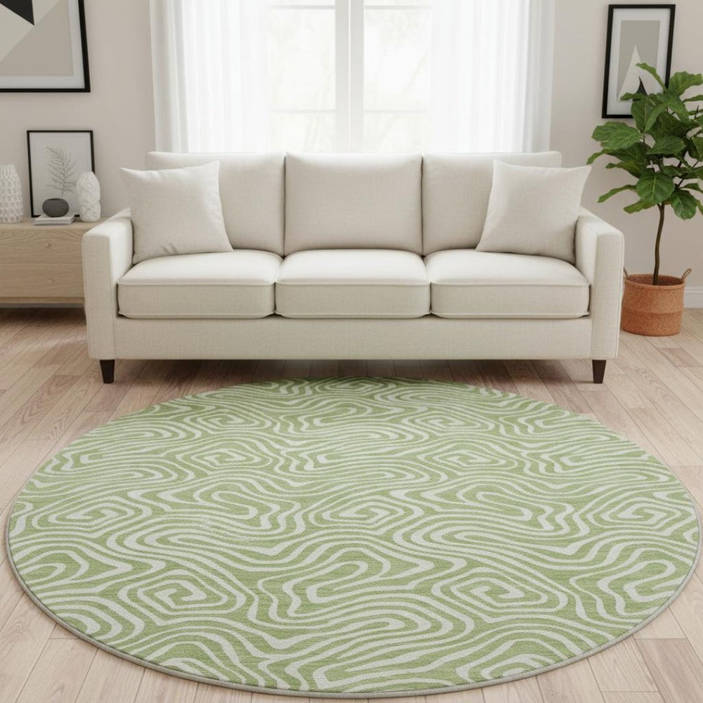 HomeRoots 8' Artichoke Green & Ivory Abstract Round Rug - Washable, UV Protected, Durable for High-Traffic Areas 680834