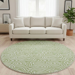 HomeRoots 8' Artichoke Green & Ivory Abstract Round Rug - Washable, UV Protected, Durable for High-Traffic Areas 680834
