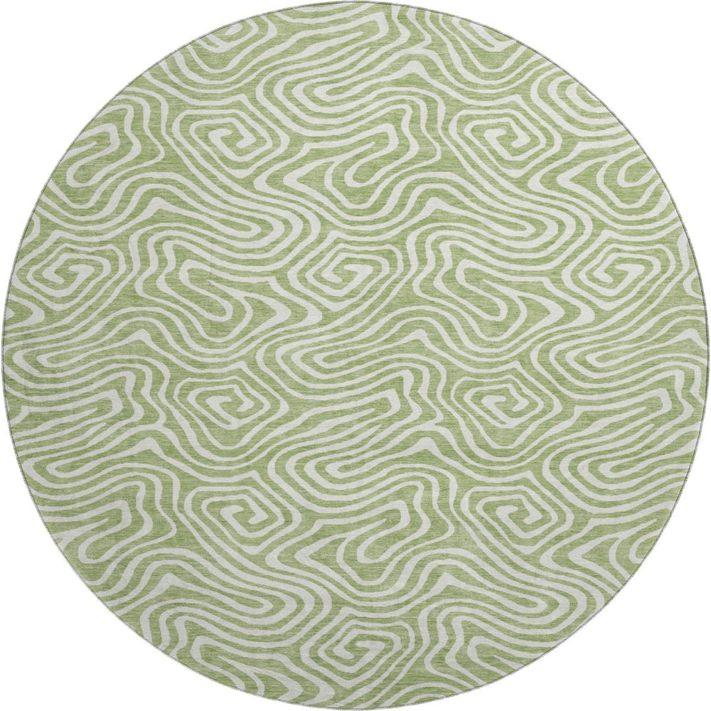HomeRoots 8' Artichoke Green & Ivory Abstract Round Rug - Washable, UV Protected, Durable for High-Traffic Areas 680834