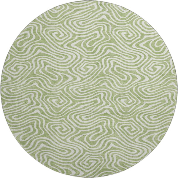 HomeRoots 8' Artichoke Green & Ivory Abstract Round Rug - Washable, UV Protected, Durable for High-Traffic Areas 680834