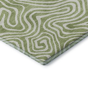 HomeRoots 8' Artichoke Green & Ivory Abstract Round Rug - Washable, UV Protected, Durable for High-Traffic Areas 680834