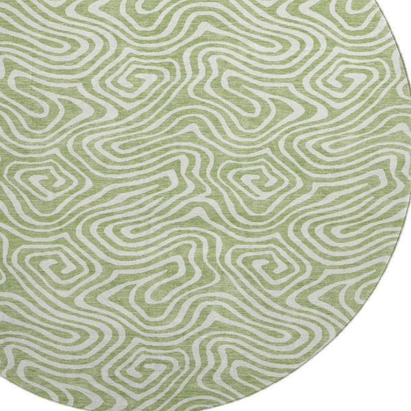 HomeRoots 8' Artichoke Green & Ivory Abstract Round Rug - Washable, UV Protected, Durable for High-Traffic Areas 680834