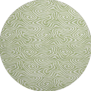HomeRoots 8' Artichoke Green & Ivory Abstract Round Rug - Washable, UV Protected, Durable for High-Traffic Areas 680834