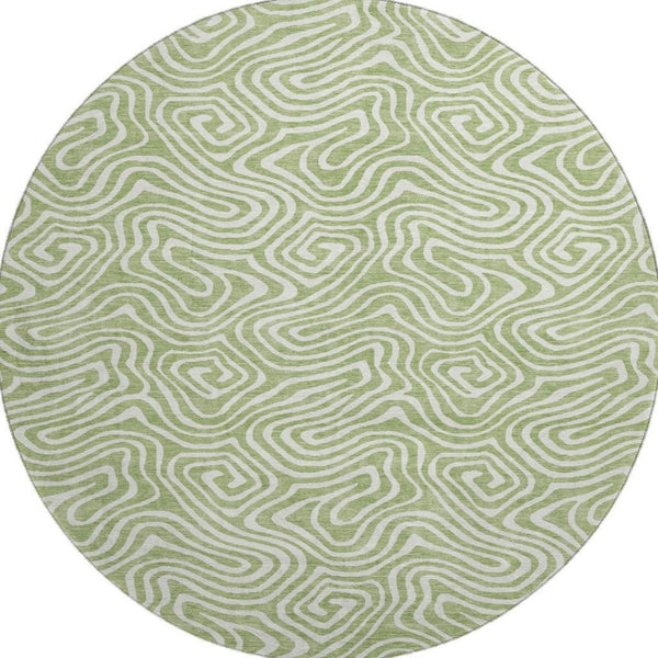 HomeRoots 8' Artichoke Green & Ivory Abstract Round Rug - Washable, UV Protected, Durable for High-Traffic Areas 680834