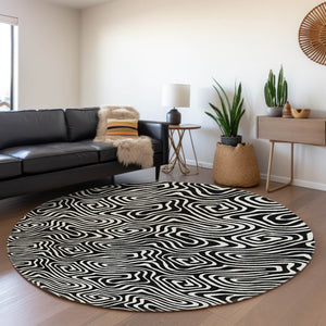 HomeRoots 8' Black And Ivory Abstract Round Rug - Washable, UV-Protected, Stain Resistant for Stylish Durability 680840