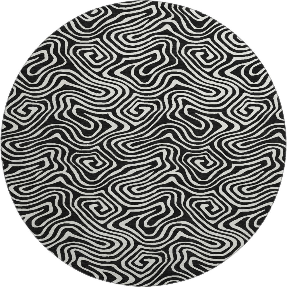 HomeRoots 8' Black And Ivory Abstract Round Rug - Washable, UV-Protected, Stain Resistant for Stylish Durability 680840
