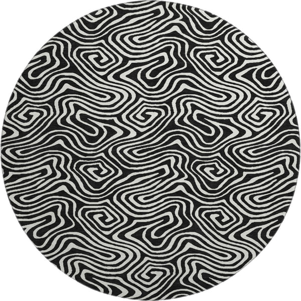 HomeRoots 8' Black And Ivory Abstract Round Rug - Washable, UV-Protected, Stain Resistant for Stylish Durability 680840
