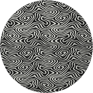 HomeRoots 8' Black And Ivory Abstract Round Rug - Washable, UV-Protected, Stain Resistant for Stylish Durability 680840