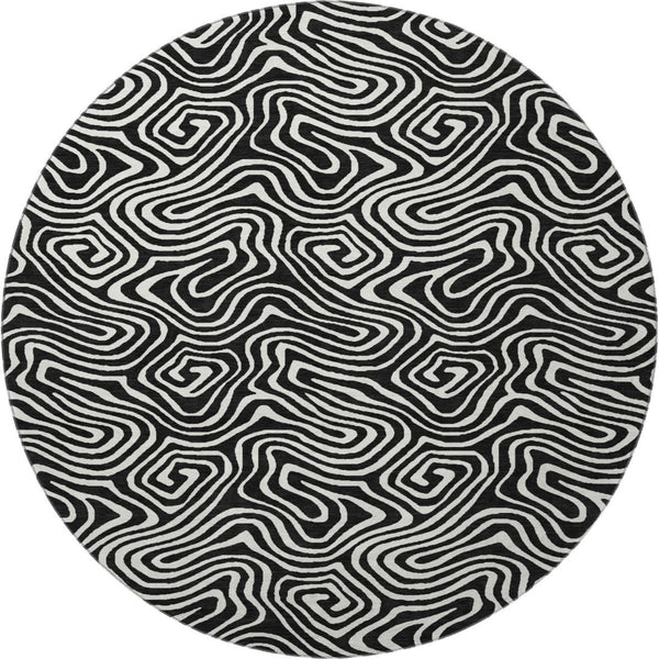 HomeRoots 8' Black And Ivory Abstract Round Rug - Washable, UV-Protected, Stain Resistant for Stylish Durability 680840