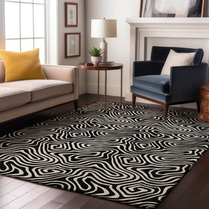 HomeRoots 8' X 10' Black And Ivory Abstract Area Rug - Washable, UV Protected & Durable for Modern Spaces 680841