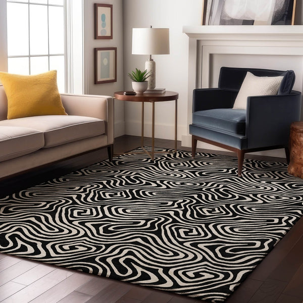 HomeRoots 8' X 10' Black And Ivory Abstract Area Rug - Washable, UV Protected & Durable for Modern Spaces 680841