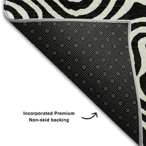HomeRoots 8' X 10' Black And Ivory Abstract Area Rug - Washable, UV Protected & Durable for Modern Spaces 680841