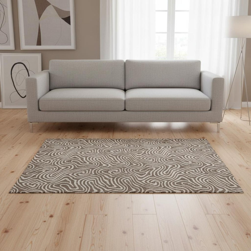 HomeRoots 5' X 8' Brown And Ivory Abstract Washable Area Rug – Durable, UV Protected, Perfect for Pets & Kids! 680851
