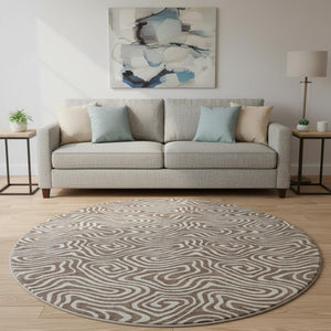 HomeRoots 8' Brown and Ivory Abstract Washable Round Rug - UV Protected, Stain Resistant, Ideal for Busy Homes 680852