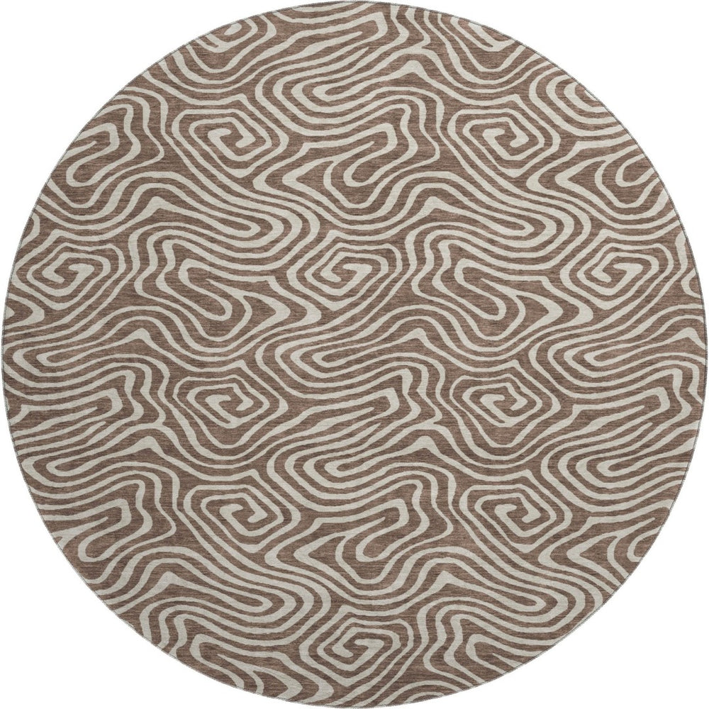 HomeRoots 8' Brown and Ivory Abstract Washable Round Rug - UV Protected, Stain Resistant, Ideal for Busy Homes 680852