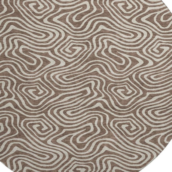 HomeRoots 8' Brown and Ivory Abstract Washable Round Rug - UV Protected, Stain Resistant, Ideal for Busy Homes 680852