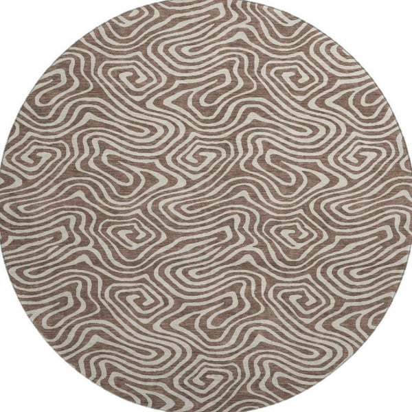 HomeRoots 8' Brown and Ivory Abstract Washable Round Rug - UV Protected, Stain Resistant, Ideal for Busy Homes 680852