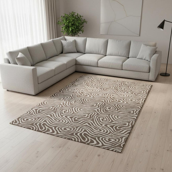 HomeRoots 8' X 10' Brown And Ivory Abstract Washable Area Rug - Stylish, Stain Resistant, UV Protected Design 680853
