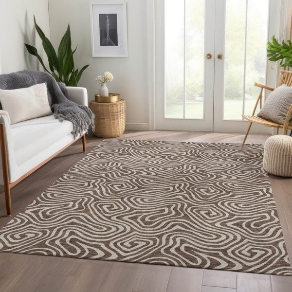 HomeRoots 8' X 10' Brown And Ivory Abstract Washable Area Rug - Stylish, Stain Resistant, UV Protected Design 680853