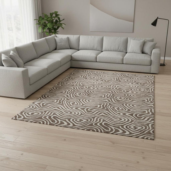 HomeRoots 9' X 12' Brown And Ivory Abstract Area Rug - Washable, UV Protected, Durable & Easy-Care Design 680854